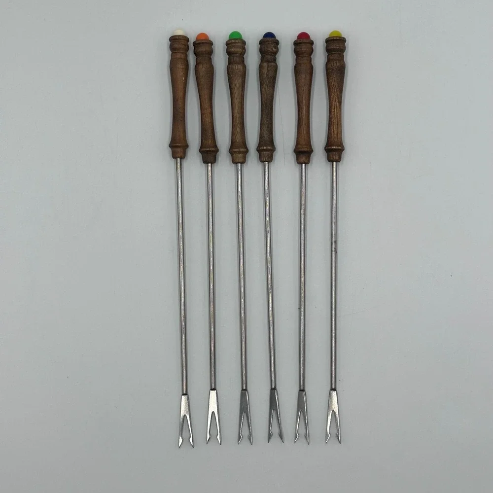 MCM Edelstahl Rostfrei Fondue Forks 6 Ea Germany Stainless Steel 2Prong Wood 11
